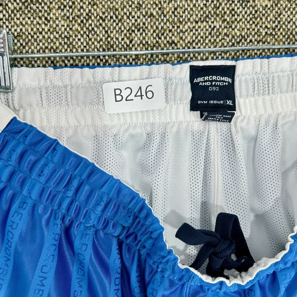Y2K Abercrombie Fitch Gym Issue Mesh Lined Logo Stripe Athletic Shorts Blue XL